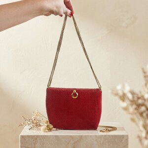 Vintage Red Mesh Purse, 1980s Gold Chain Shoulder Bag, Retro Disco Glam Evening